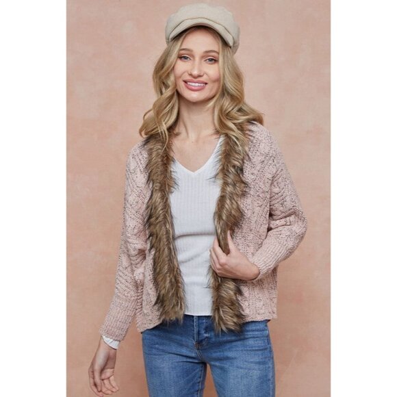 Faux Fur Trim Brown Cable Knit Cardigan | Boho Grunge Fairy Cottagecore Cozycore - Picture 13 of 16